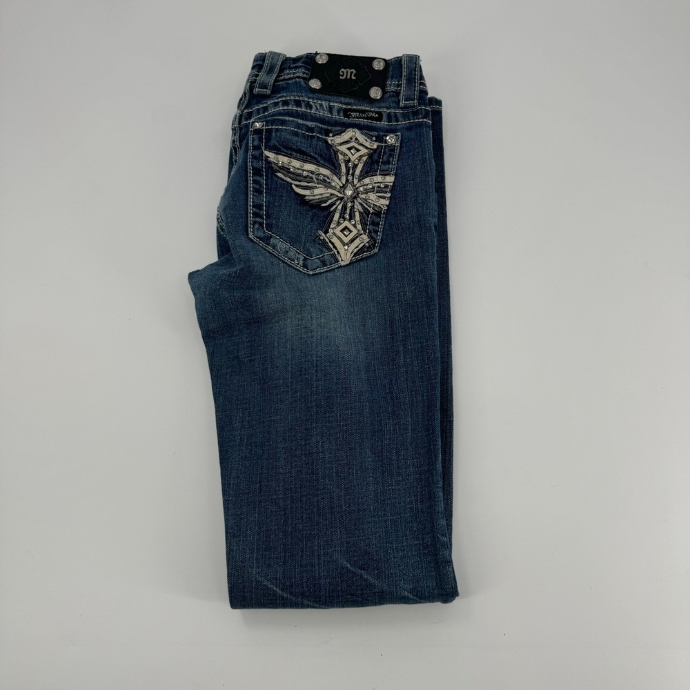 Authentic Miss Me Women's Boot Cut Jeans - Blue with Embroidered Pocket